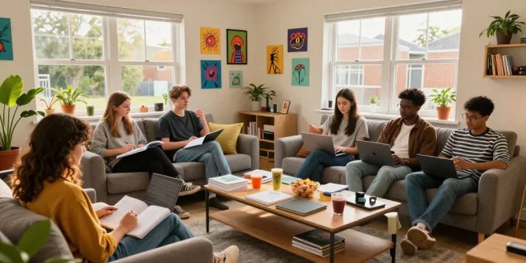 Group of students studying in modern living room showcasing student housing Northampton with vibrant décor and natural light.