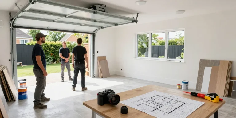 Garage conversion builder transforming a Bristol garage into a living space with contractors and materials.