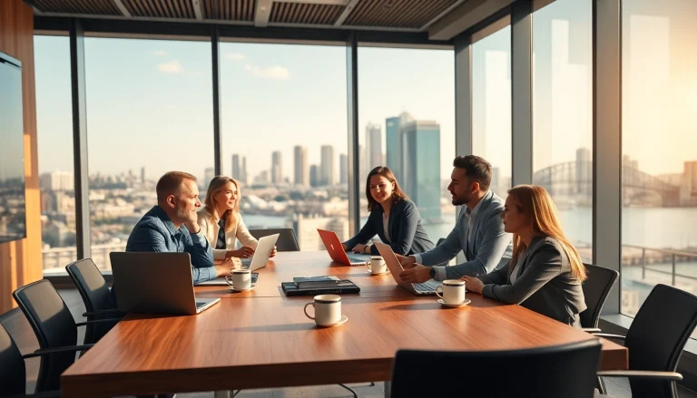 Engaged professionals in a Sydney office discussing strategies for Australia.