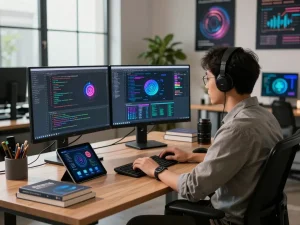 Dynamic AI software development setup showcasing spicy ai technology in a modern workspace.