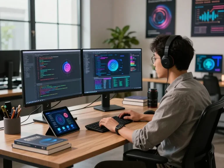 Dynamic AI software development setup showcasing spicy ai technology in a modern workspace.