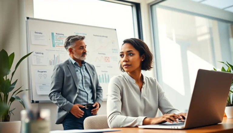 Guide towards an Ideal career during a coaching session in a vibrant office.
