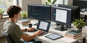 Developer coding on dual monitors with GB WhatsApp app interface in a modern office setting.