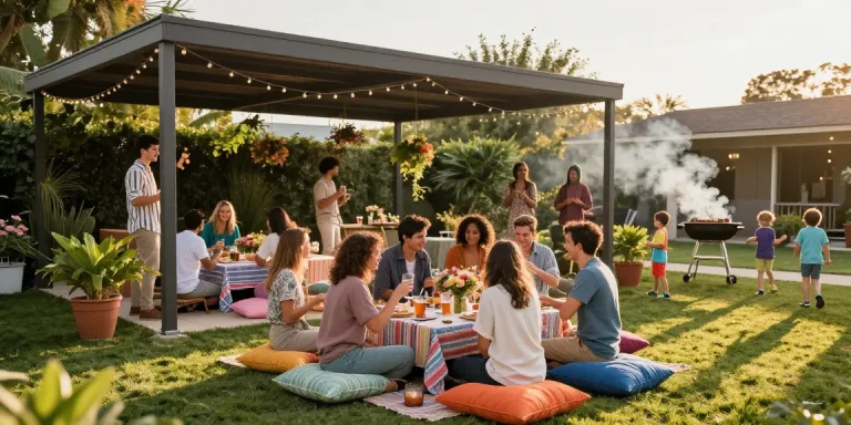 Gazebo hire London for outdoor celebrations with friends enjoying a colorful garden party.