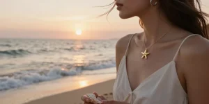 Dainty jewellery UK showcased in an elegant seaside scene with a woman wearing gold starfish necklace and silver hoop earrings.