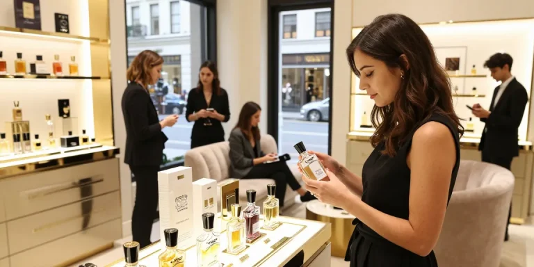 Shopper exploring Creed (Aventus only) in luxurious fragrance boutique.