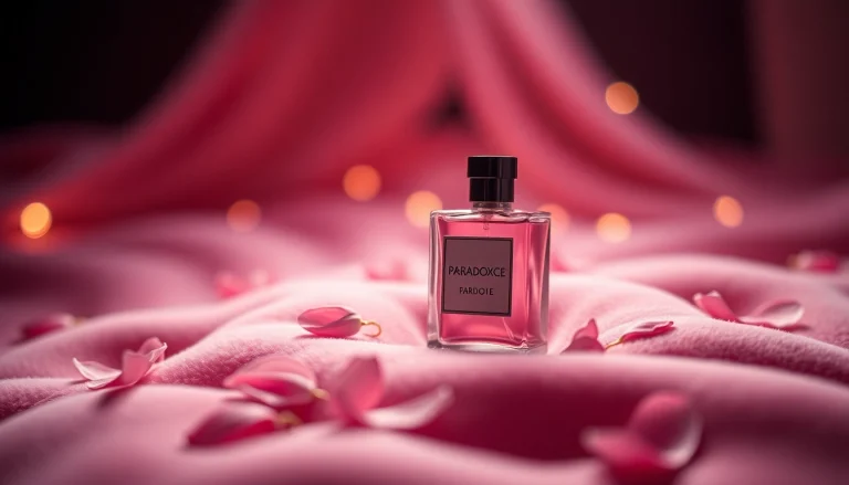 Capture the elegance of Paradoxe perfume in a luxurious setting with floral elements.