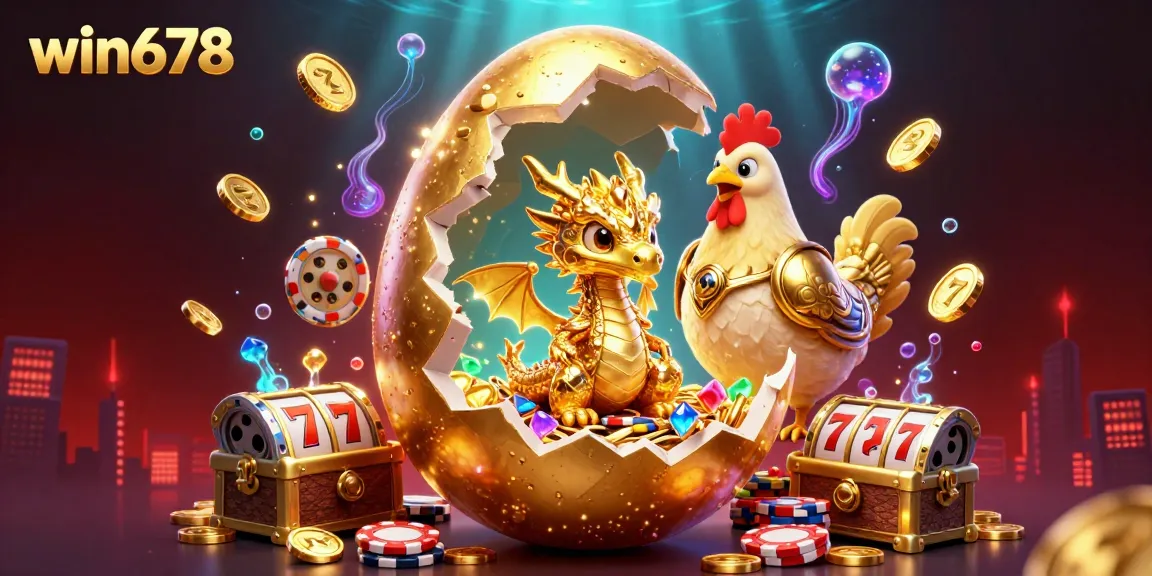 Experience the thrill of win678 with a golden baby dragon amidst poker chips and slot reels.