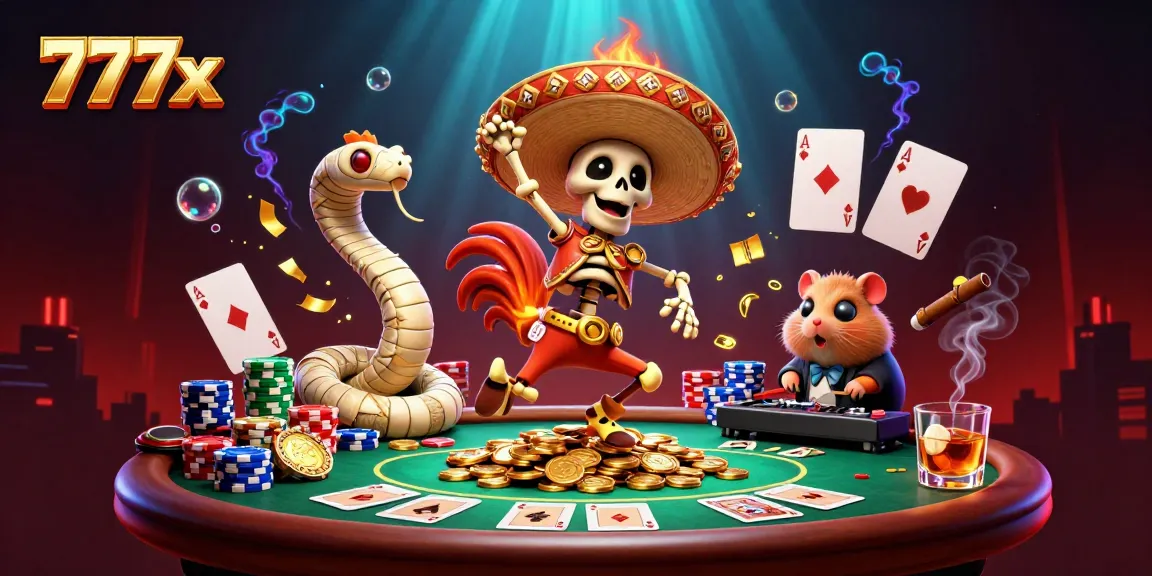 Experience thrilling victories with 777x in this vibrant casino scene featuring lively characters and poker elements.