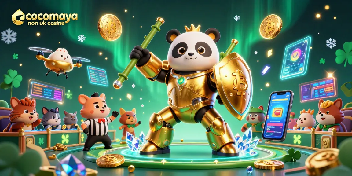 Engage with the vibrant cocomaya non uk casinos scene featuring a golden panda in a mech-suit amidst crypto elements.