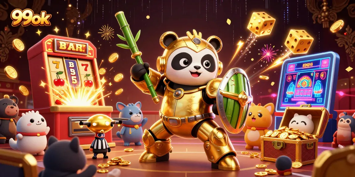 Experience 99ok's vibrant 3D gaming scene with a golden panda in action, surrounded by excitement and jackpots.