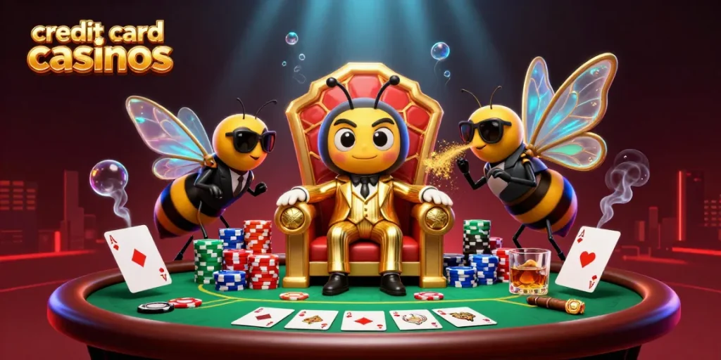 Engage in thrilling matches at credit card casinos with a vibrant 3D scene featuring colorful poker elements.