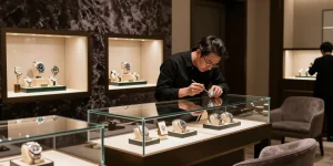 Stunning display of Rolex replicas showcasing intricate craftsmanship and luxury in a jewelry store.