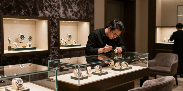 Stunning display of Rolex replicas showcasing intricate craftsmanship and luxury in a jewelry store.