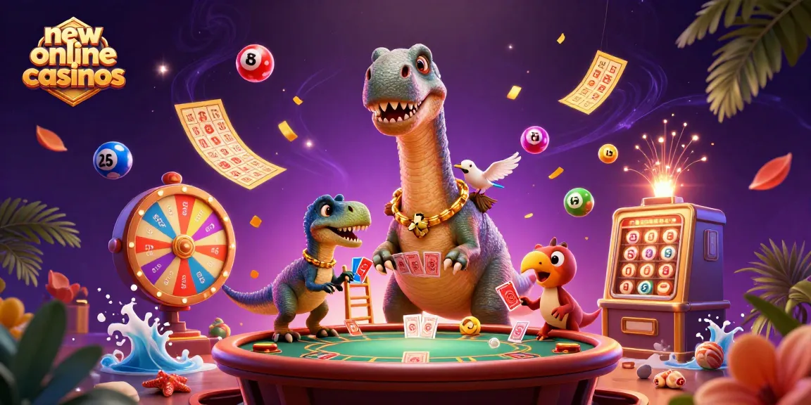 Engage with new online casinos featuring an imaginative dinosaur scene and vibrant game elements.