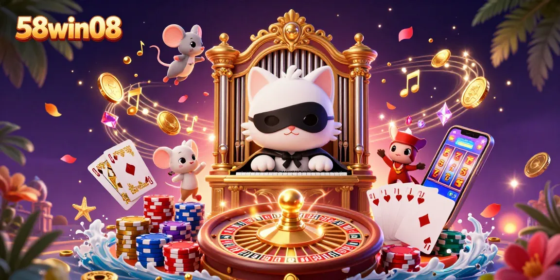 Experience excitement at 58win08 with a vibrant casino illustration showcasing games, chips, and winning moments.
