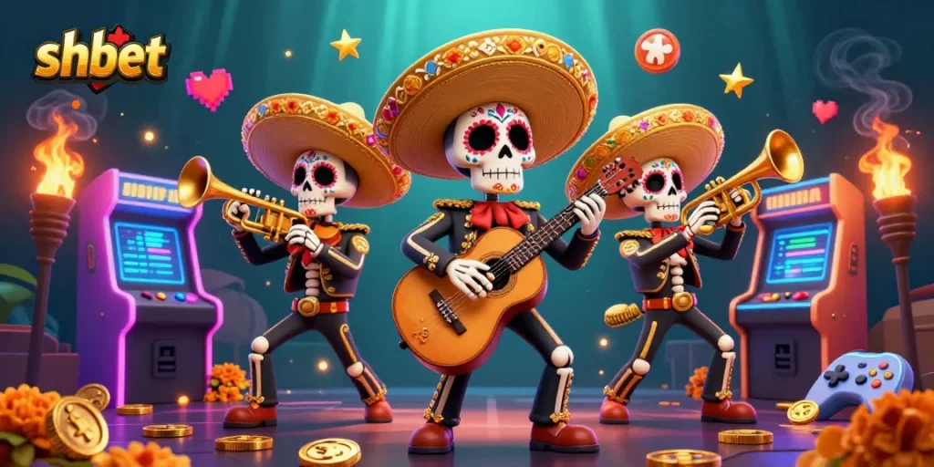 Experience vibrant gaming action with shbet in a lively Dia de los Muertos-themed casino illustration.