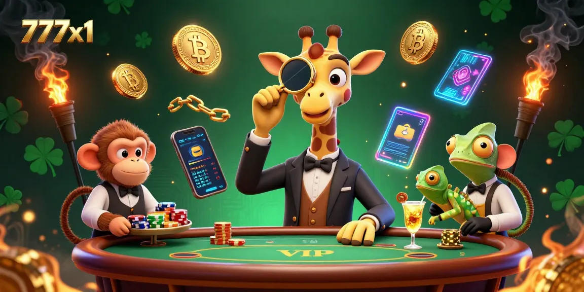 Engage in thrilling gameplay at 777x1 with a high-roller giraffe, monkey valet, and vibrant casino elements