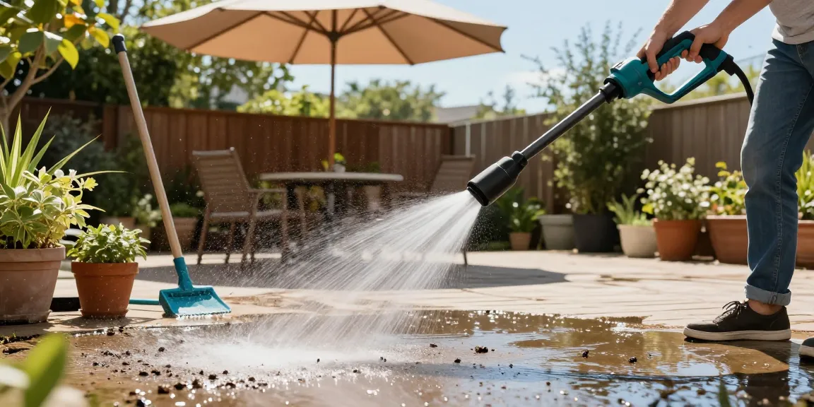 Dewalt jet wash in action cleaning a patio with vibrant garden tools nearby