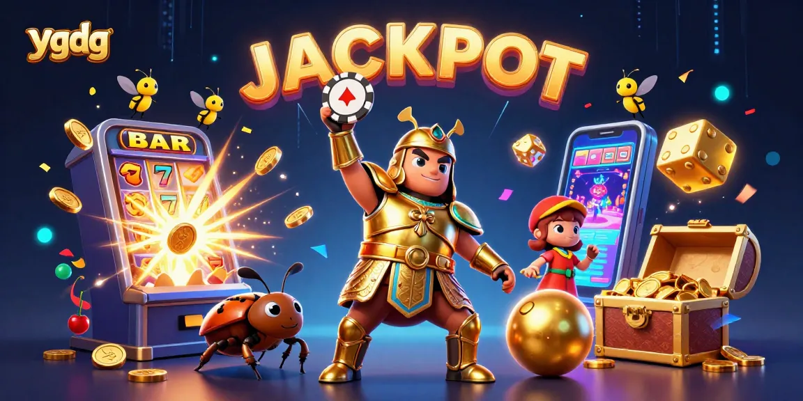 Win with ygdg as the victorious hercules beetle celebrates a jackpot in a vibrant casino setting.